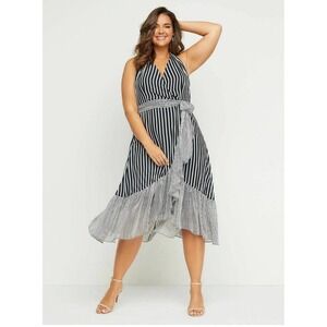 Lane Bryant high-low hem striped Wrap Midi Dress  Black Ruffled Sheer V-neck 22W
